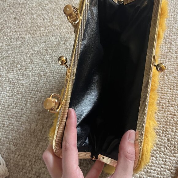 Neiman Marcus Curly Rabbit Fur Bamboo-Style Handle and Gold Kisslock Bag - Picture 6 of 6